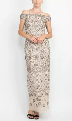 Adrianna Papell AP1E209324 - Bedazzled Off Shoulder Long Gown -Wedding Dresses shop online adrianna papell ap1e209324 bedazzled off shoulder long gown evening dresses 31711686459475