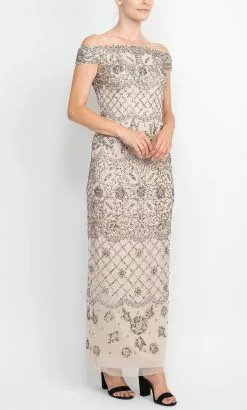 Adrianna Papell AP1E209324 - Bedazzled Off Shoulder Long Gown -Wedding Dresses shop online adrianna papell ap1e209324 bedazzled off shoulder long gown evening dresses 31711686623315