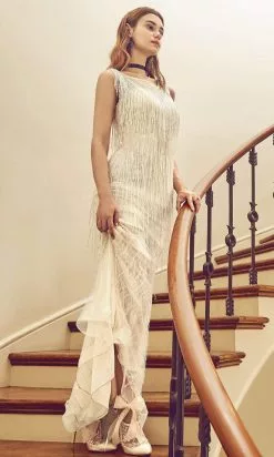 Andrea And Leo - A0521 Bead-Fringed Long Sheath Dress -Wedding Dresses shop online andrea and leo a0521 bead fringed long sheath dress wedding dresses 15825596219475