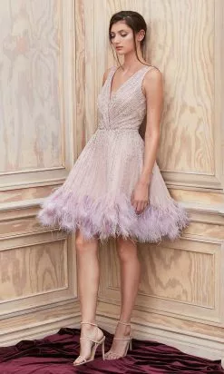 Andrea And Leo - A1012 Multi-Beaded Fit And Flare Feather Hem Dress -Wedding Dresses shop online andrea and leo a1012 multi beaded fit and flare feather hem dress cocktail dresses 15869639032915