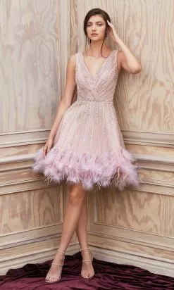 Andrea And Leo - A1012 Multi-Beaded Fit And Flare Feather Hem Dress -Wedding Dresses shop online andrea and leo a1012 multi beaded fit and flare feather hem dress cocktail dresses 2 mauve 15869628612691