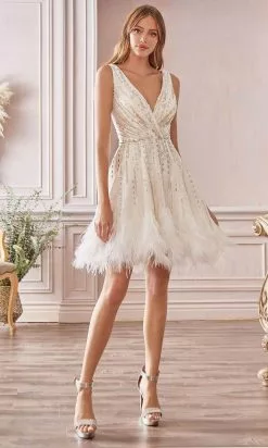 Andrea And Leo - A1012 Multi-Beaded Fit And Flare Feather Hem Dress