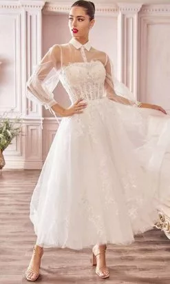 Andrea And Leo - A1016 Collared Illusion Neckline Cocktail Length Bridal Dress - 1 Pc Off White In Size 16 Available