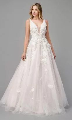 Andrea And Leo - V-Neck Floral Appliqued Bridal Dress A1028W - 1 Pc French White In Size 6 Available