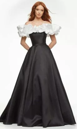 Ashley Lauren - 11096 Ruffled Off Shoulder Mikado Ballgown -Wedding Dresses shop online ashley lauren 11096 ruffled off shoulder mikado ballgown bridal dresses 0 ivory black 28690037669971