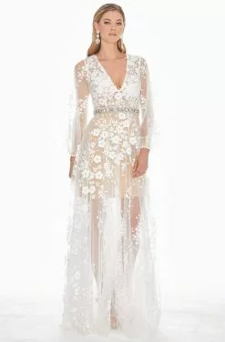 Ashley Lauren - 1338 Floral Applique Plunging V-neck A-line Dress