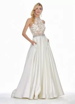 Ashley Lauren - 1340 Applique High Halter Satin Ballgown