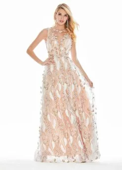 Ashley Lauren - 1344 Floral Applique Jewel Neck A-line Dress