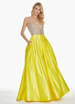 Ashley Lauren - 1389 Crystal Beaded V-Neck Satin Gown 13 Ashley Lauren - 1389 Crystal Beaded V-Neck Satin Gown -Wedding Dresses shop online ashley lauren 1389 crystal beaded v neck satin gown special occasion dress 0 yellow 28498280349779