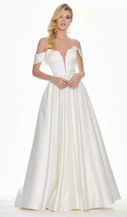 Ashley Lauren - 1399 Illusion Plunging Satin Off Shoulder Gown -Wedding Dresses shop online ashley lauren 1399 illusion plunging satin off shoulder gown special occasion dress 0 ivory 7513342509139