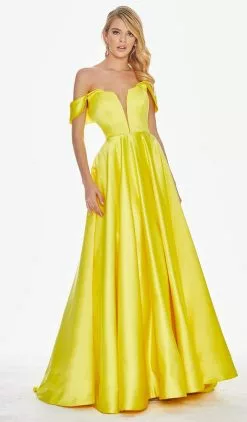 Ashley Lauren - 1399 Illusion Plunging Satin Off Shoulder Gown -Wedding Dresses shop online ashley lauren 1399 illusion plunging satin off shoulder gown special occasion dress 0 yellow 7513342246995