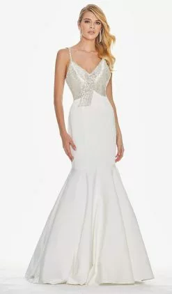 Ashley Lauren - 1485 Beaded Fringe Plunging V-neck Mermaid Dress