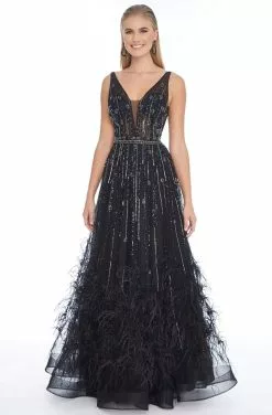 Ashley Lauren - 1902 Beaded Deep V-neck Feathered A-line Gown 11 Ashley Lauren - 1902 Beaded Deep V-neck Feathered A-line Gown -Wedding Dresses shop online ashley lauren 1902 beaded deep v neck feathered a line gown evening dresses 0 black 13800419819603