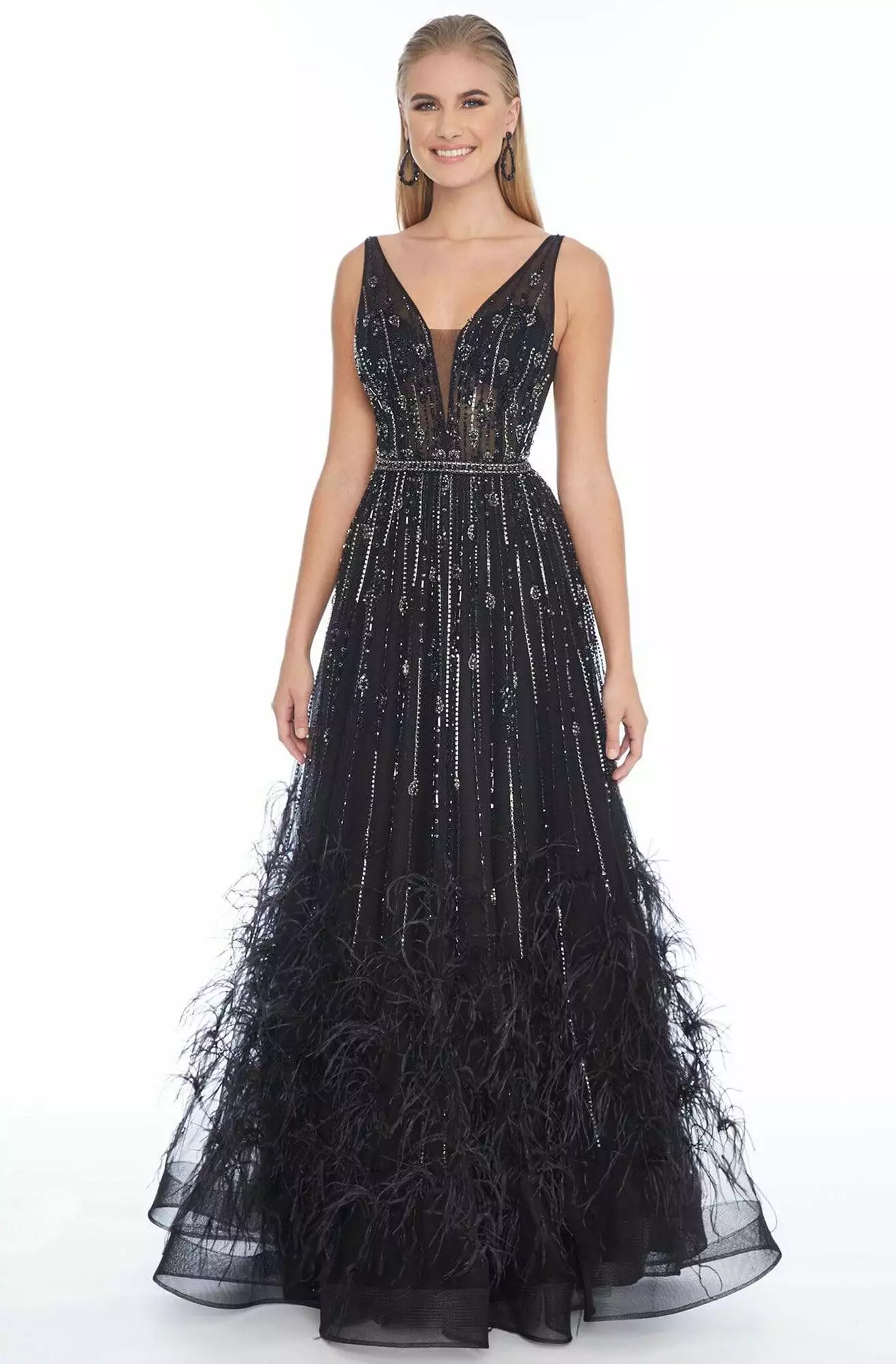 Ashley Lauren - 1902 Beaded Deep V-neck Feathered A-line Gown 6 Ashley Lauren - 1902 Beaded Deep V-neck Feathered A-line Gown - Image 4