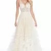 Ashley Lauren - 1902 Beaded Deep V-neck Feathered A-line Gown