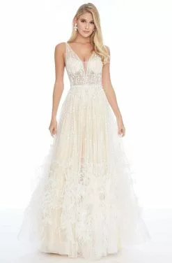 Ashley Lauren - 1902 Beaded Deep V-neck Feathered A-line Gown