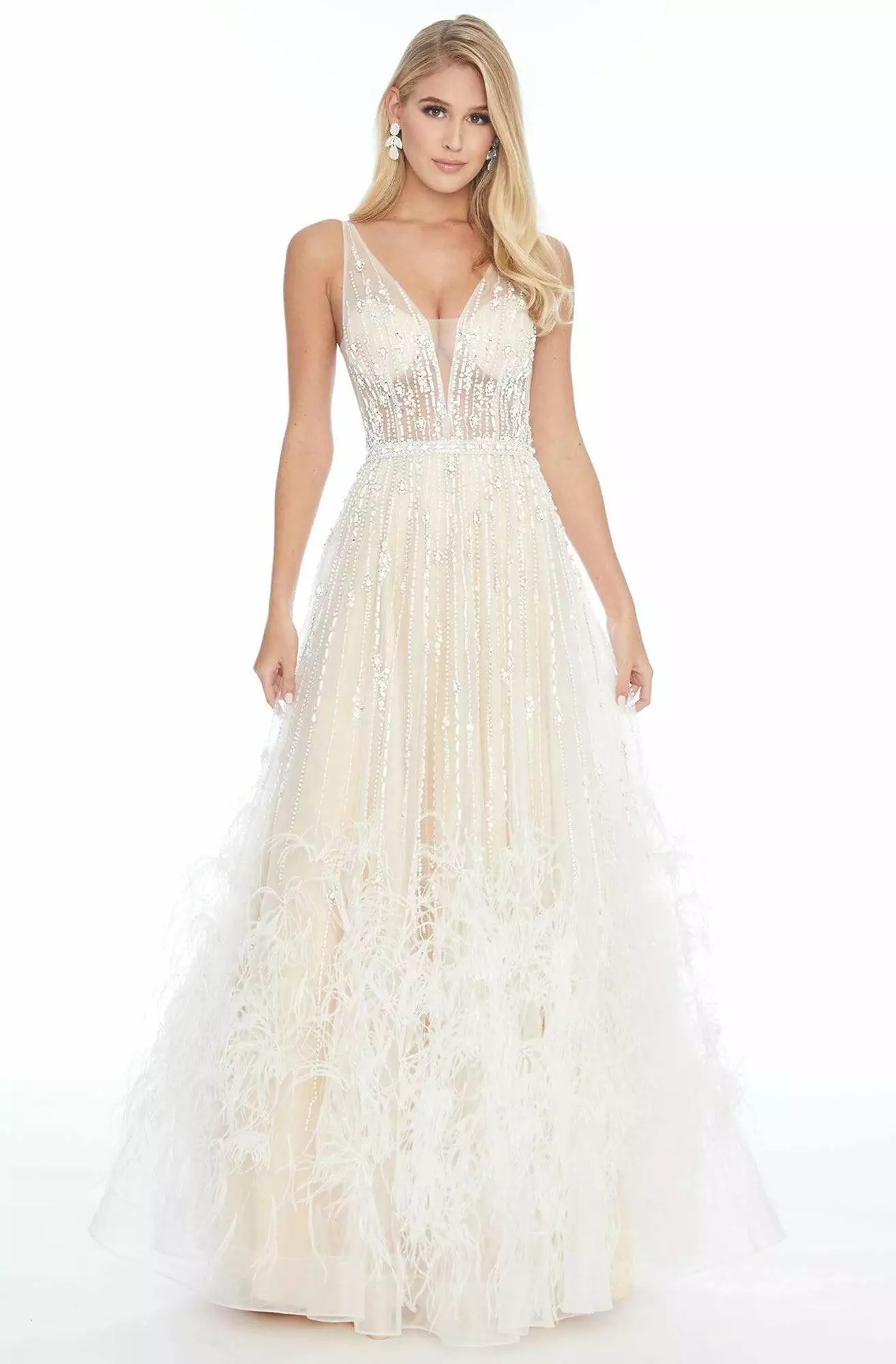 Ashley Lauren - 1902 Beaded Deep V-neck Feathered A-line Gown 3 Ashley Lauren - 1902 Beaded Deep V-neck Feathered A-line Gown