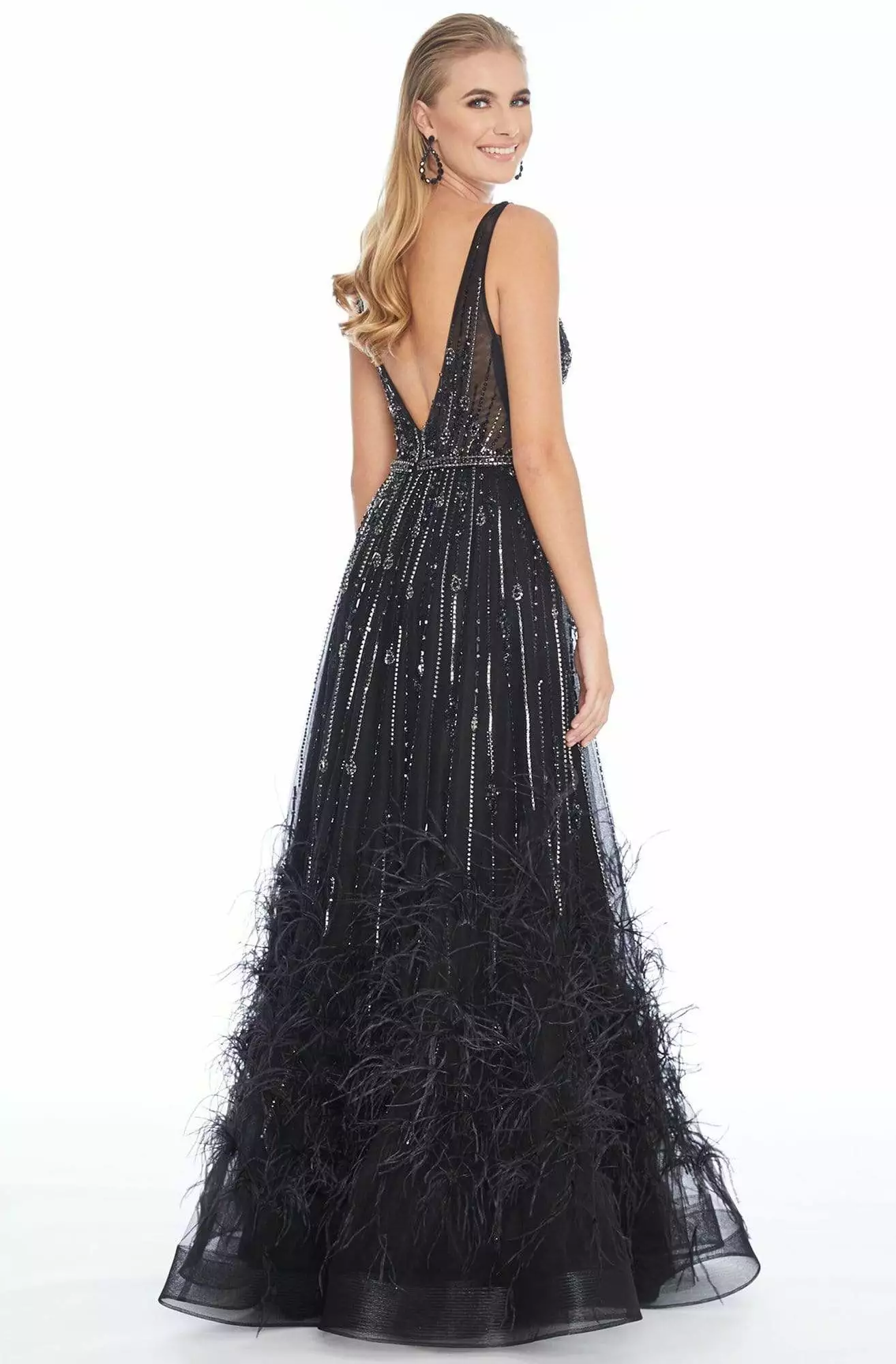 Ashley Lauren - 1902 Beaded Deep V-neck Feathered A-line Gown 7 Ashley Lauren - 1902 Beaded Deep V-neck Feathered A-line Gown - Image 5