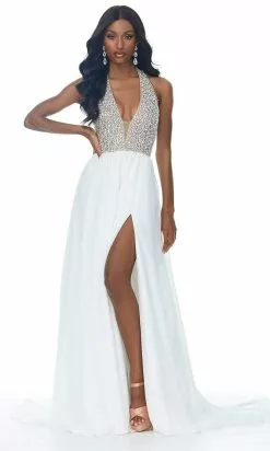 Ashley Lauren - 1989 Plunging Halter A-Line Gown With Slit