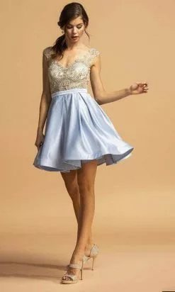 Aspeed Design - Cap Sleeve Lace Cocktail Dress S2124 - 1 Pc Sky Blue In Size L Available