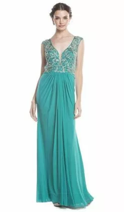 Aspeed Design - Beaded Plunging Sheath Evening Dress -Wedding Dresses shop online beaded plunging sheath evening dress dress xxs teal 5654659956793