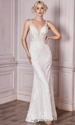 Cinderella Divine Bridal - CDS403W Floral Appliqued Deep V-neck Wedding Gown - 1 Pc Off-White In Size 8 Available