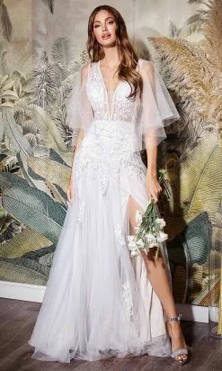 Cinderella Divine Bridals - CB070 Embroidered Sheer Bell Sleeves Gown