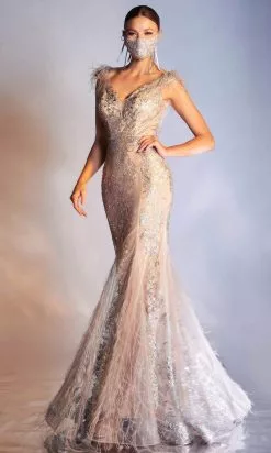 Cinderella Divine - C57 Embellished Deep V Neck Mermaid Gown -Wedding Dresses shop online cinderella divine c57 embellished deep v neck mermaid gown evening dresses 2 silver nude 15707140423763