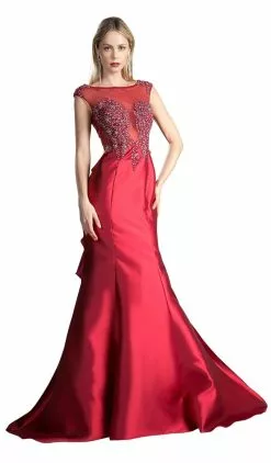 Cinderella Divine - 8984A Cap Sleeve Appliqued Plunging Illusion Gown -Wedding Dresses shop online cinderella divine cap sleeve appliqued plunging illusion gown special occasion dress 2 burgundy 13746010194003