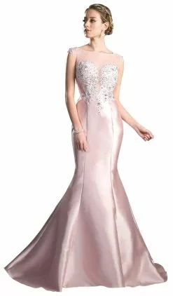 Cinderella Divine - 8984A Cap Sleeve Appliqued Plunging Illusion Gown -Wedding Dresses shop online cinderella divine cap sleeve appliqued plunging illusion gown special occasion dress 2 dusty rose 13746010161235