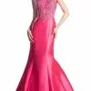 Cinderella Divine - 8984A Cap Sleeve Appliqued Plunging Illusion Gown -Wedding Dresses shop online cinderella divine cap sleeve appliqued plunging illusion gown special occasion dress 2 fuchsia 14577315676243