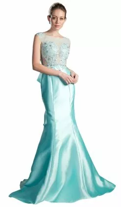 Cinderella Divine - 8984A Cap Sleeve Appliqued Plunging Illusion Gown -Wedding Dresses shop online cinderella divine cap sleeve appliqued plunging illusion gown special occasion dress 2 mint 13746009899091