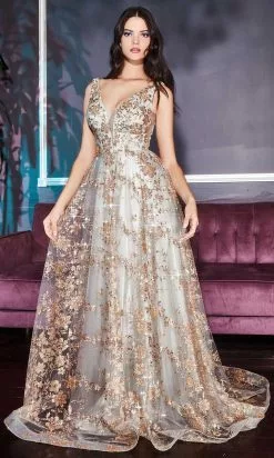 Cinderella Divine - CB068 Metallic Lace Print Glitter Net A-Line Gown