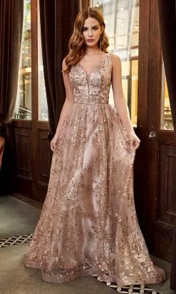 Cinderella Divine - CB068 Metallic Lace Print Glitter Net A-Line Gown -Wedding Dresses shop online cinderella divine cb068 metallic lace print glitter net a line gown prom dresses 2 gold mocha 15706999980115