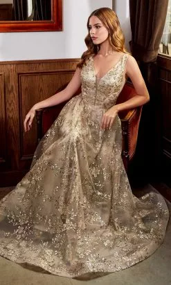 Cinderella Divine - CB068 Metallic Lace Print Glitter Net A-Line Gown -Wedding Dresses shop online cinderella divine cb068 metallic lace print glitter net a line gown prom dresses 2 gold sage 15707000045651