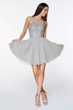 Cinderella Divine - CD0141 Beaded Lace Chiffon Halter Cocktail Dress -Wedding Dresses shop online cinderella divine cd0141 beaded lace chiffon halter cocktail dress special occasion dress xxs silver 28292399431763