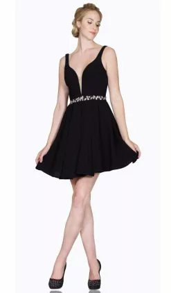 Cinderella Divine - Embellished Deep V-neck Short A-line Dress