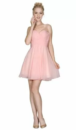 Cinderella Divine - Embellished Illusion V-neck Pleated Cocktail Dress