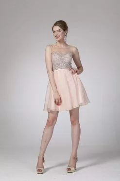 Cinderella Divine - CJ90S Sleeveless Bejeweled Illusion Bateau A-line Dress -Wedding Dresses shop online cinderella divine sleeveless bejeweled illusion bateau a line dress cocktail dresses 2 peach 28843789221971