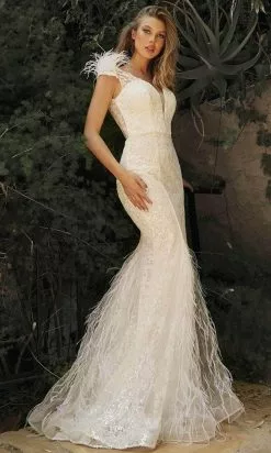 Cinderella Divine - V-Neck Feather Mermaid Bridal Gown C57W - 1 Pc Off White In Size 8 Available