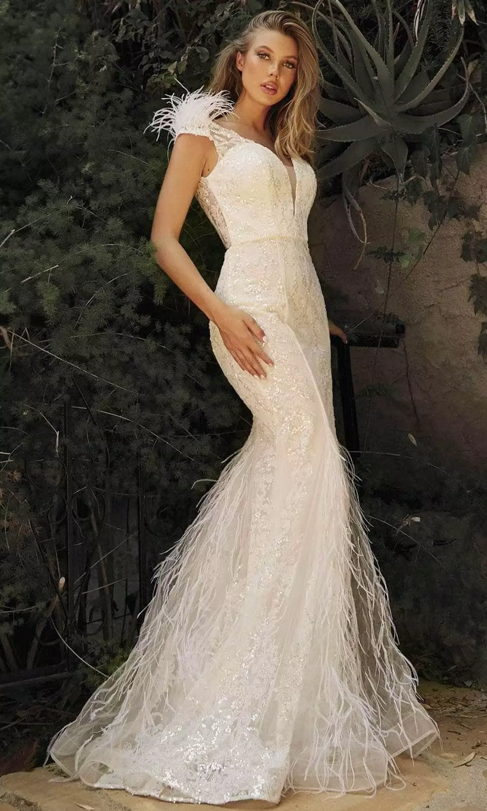 Cinderella Divine - V-Neck Feather Mermaid Bridal Gown C57W - 1 Pc Off White In Size 8 Available 3 Cinderella Divine - V-Neck Feather Mermaid Bridal Gown C57W - 1 Pc Off White In Size 8 Available