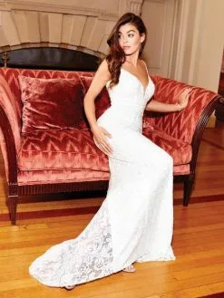 Clarisse - 600141 Beaded Lace Deep V-neck Sheath Dress -Wedding Dresses shop online clarisse 600141 beaded lace deep v neck sheath dress wedding dresses 6702972665939