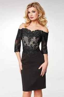 Clarisse - M6566 Lace Off-Shoulder Satin Sheath Knee Length Dress -Wedding Dresses shop online clarisse m6566 lace off shoulder satin sheath knee length dress cocktail dresses 6 black 28867683811411