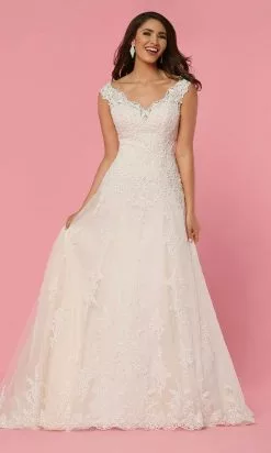 Da Vinci Bridal - 50444 V-Neck Lace Applique Tulle A-Line Wedding Gown