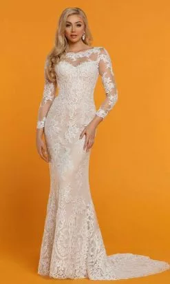 Da Vinci Bridal - 50516 Sheer Long Sleeve Lace Sheath Wedding Dress