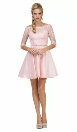 Dancing Queen - 2112 Beaded Sheer Lace Quarter Sleeve Satin Dress