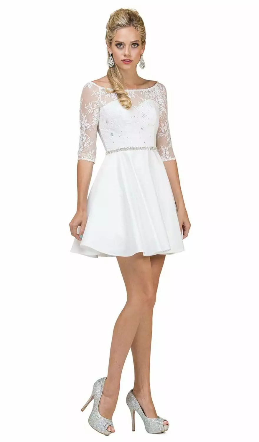 Dancing Queen - 2112 Beaded Sheer Lace Quarter Sleeve Satin Dress 4 Dancing Queen - 2112 Beaded Sheer Lace Quarter Sleeve Satin Dress - Image 2