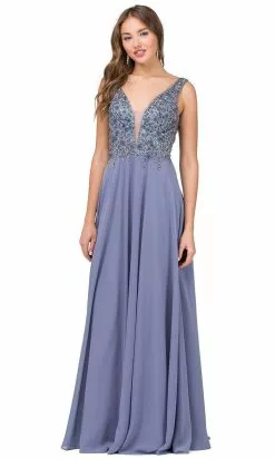 Dancing Queen - 2312 Floral Beaded Deep V-neck A-line Prom Dress