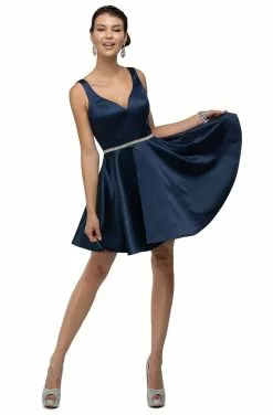 Dancing Queen - 9504 Jeweled Waistband Sweetheart Neck Satin A-line Cocktail Dress - 1 Pc Navy In Size L Available