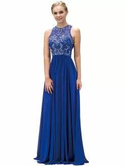 Dancing Queen Crystal Ornate Illusion Gown In Royal Blue 9327